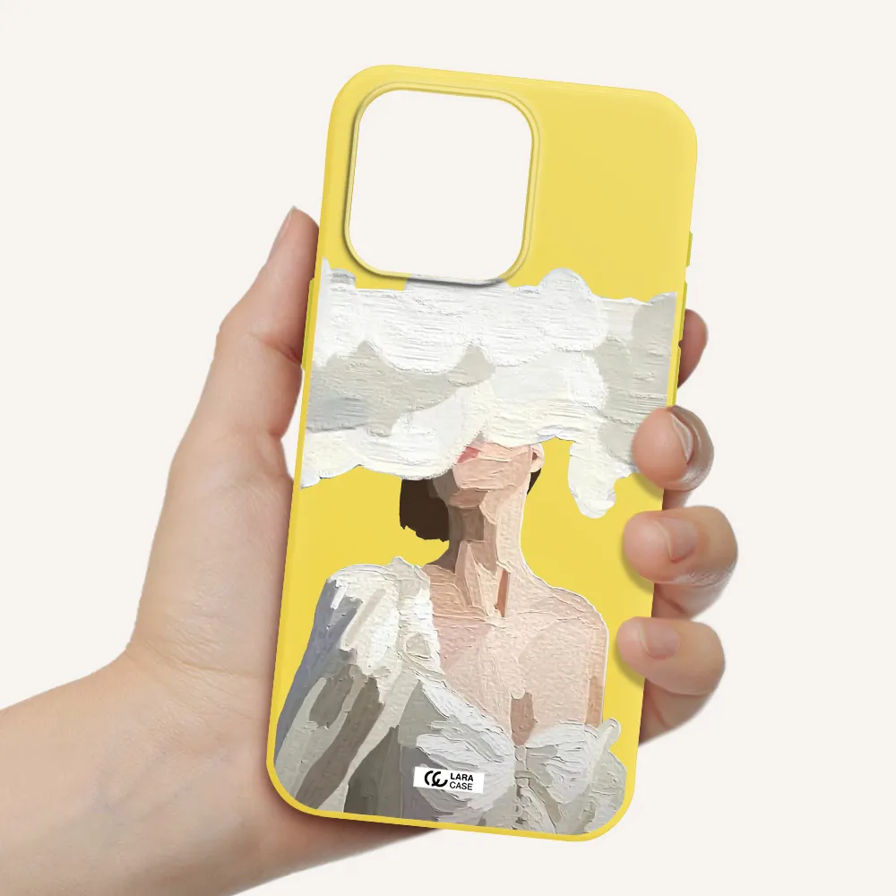 a woman with a cloud covering her face Apple Iphone 15 Pro max Silicone canary yellow Case