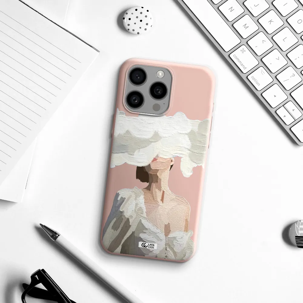 a woman with a cloud covering her face Apple Iphone 15 Pro max Silicone pastel pink Case