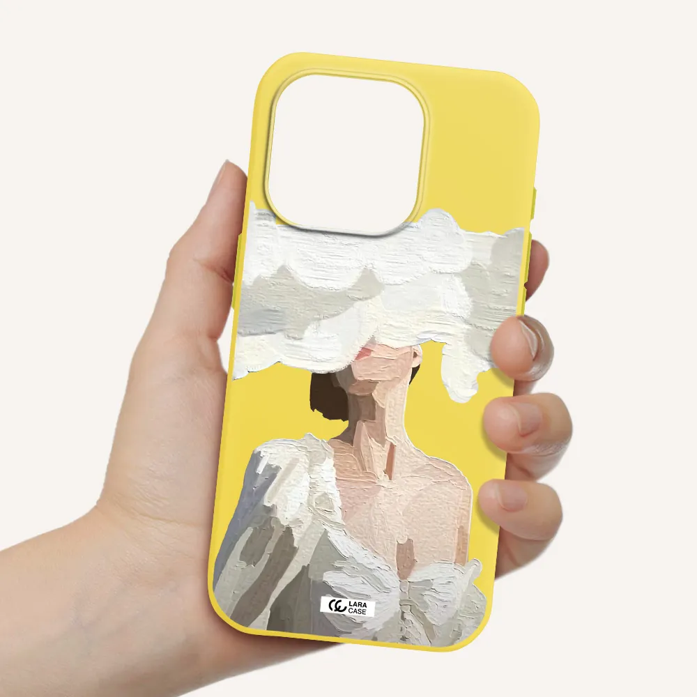 A Woman With A Cloud Covering Her Face Apple Iphone 15 Pro Silicone Canary Yellow Case