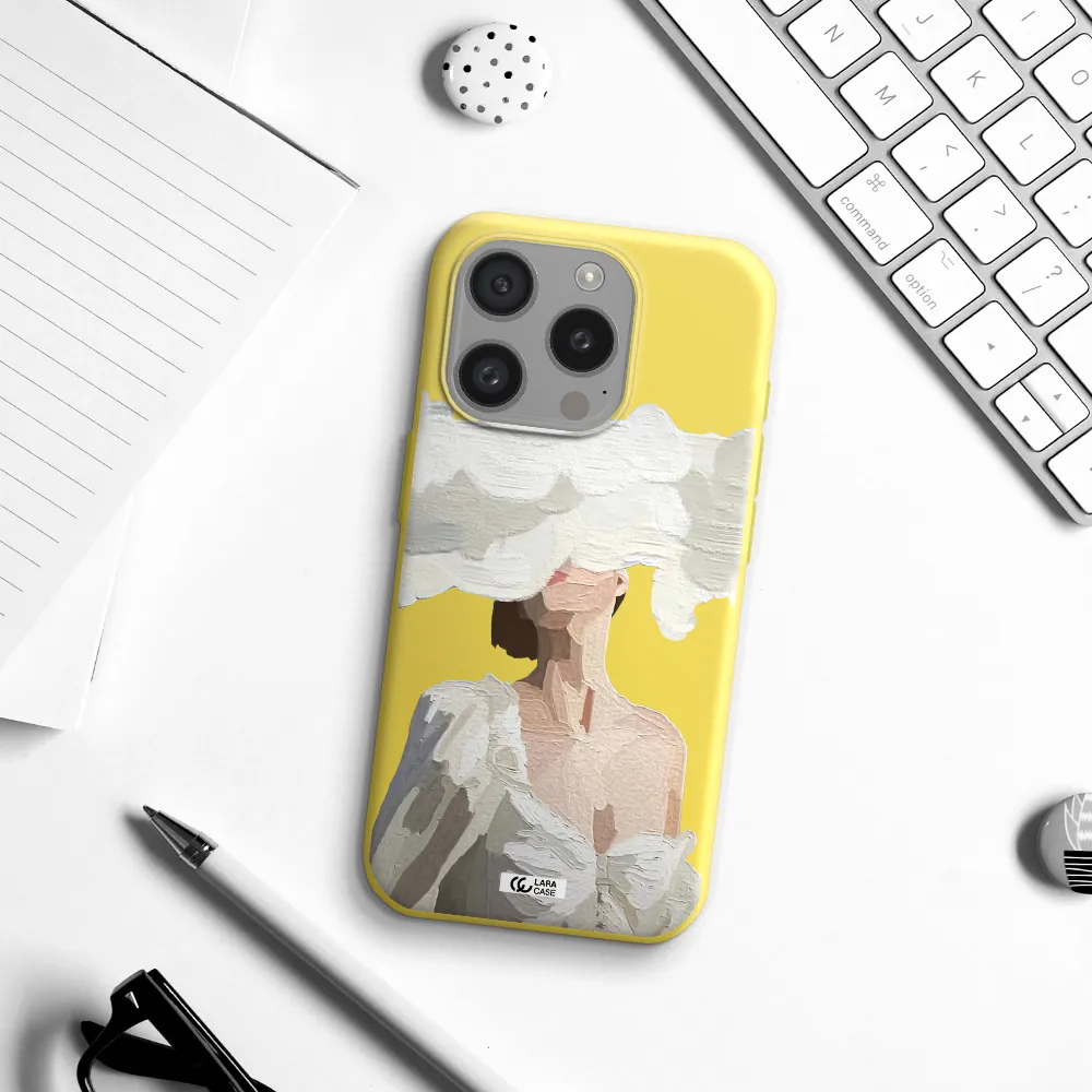 A Woman With A Cloud Covering Her Face Apple Iphone 15 Pro Silicone Canary Yellow Case