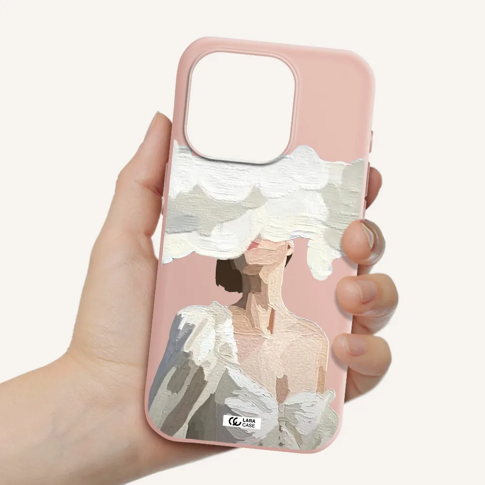 A Woman With A Cloud Covering Her Face Apple Iphone 15 Pro Silicone Pastel Pink Case