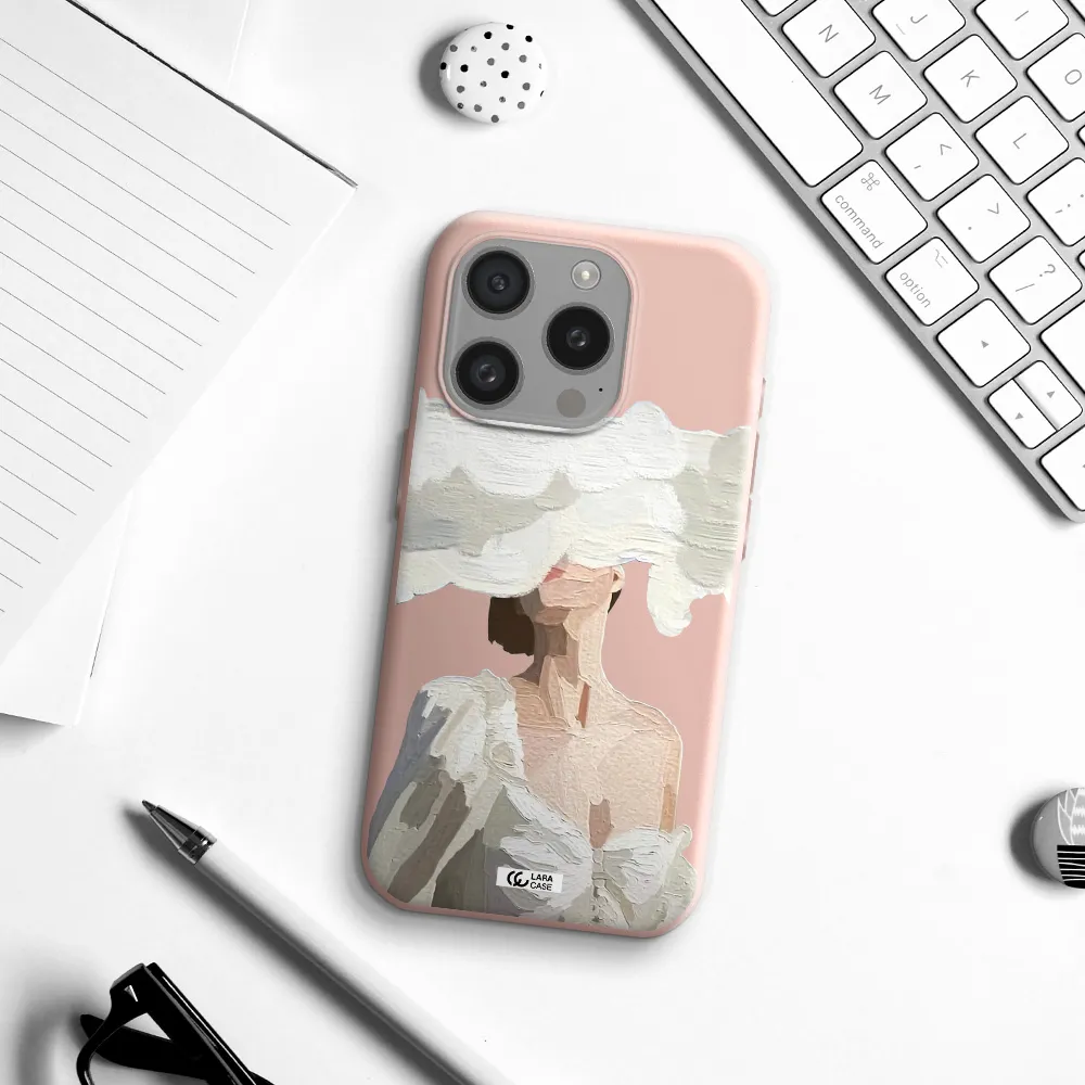 A Woman With A Cloud Covering Her Face Apple Iphone 15 Pro Silicone Pastel Pink Case