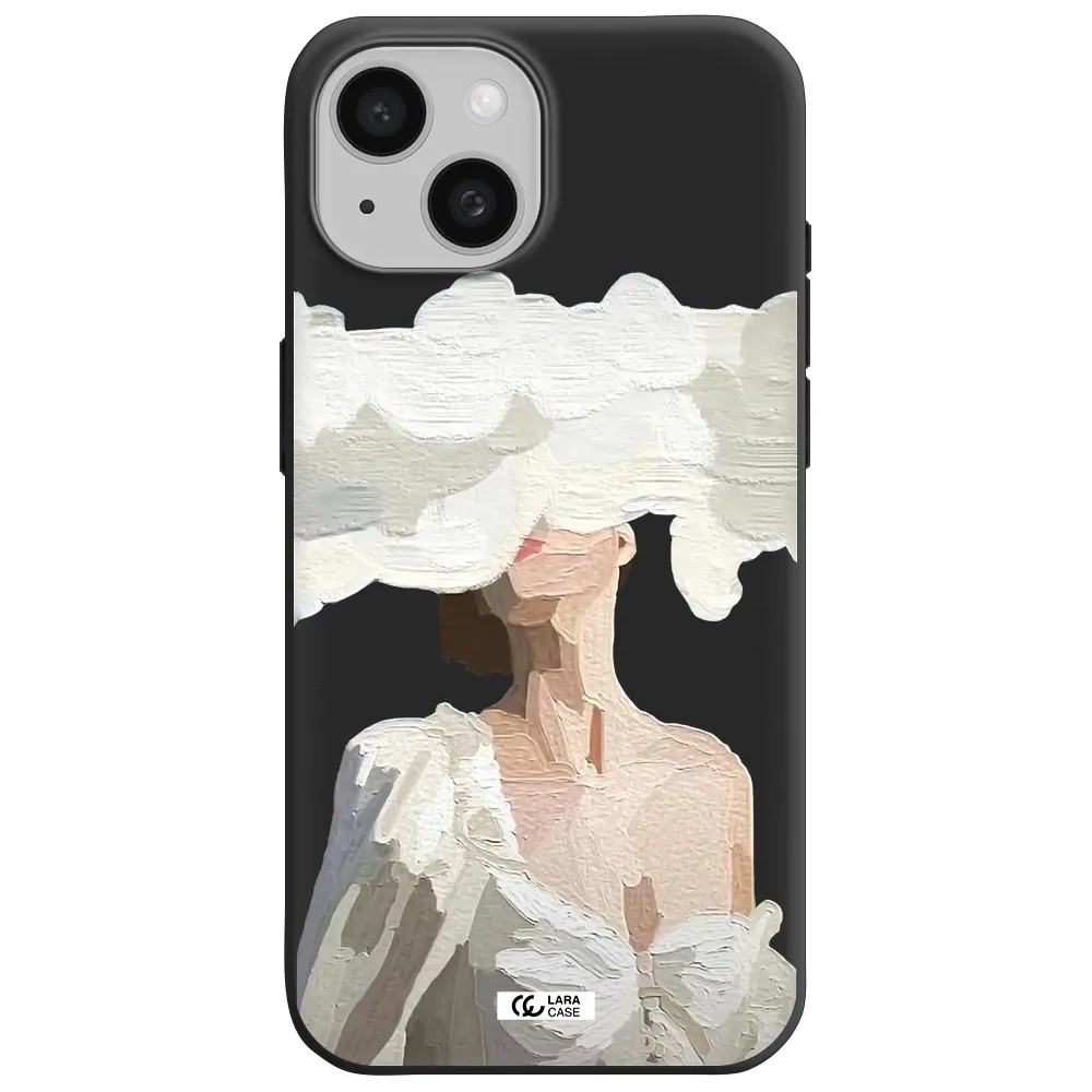 a woman with a cloud covering her face Apple iPhone 15 Silicone black Case