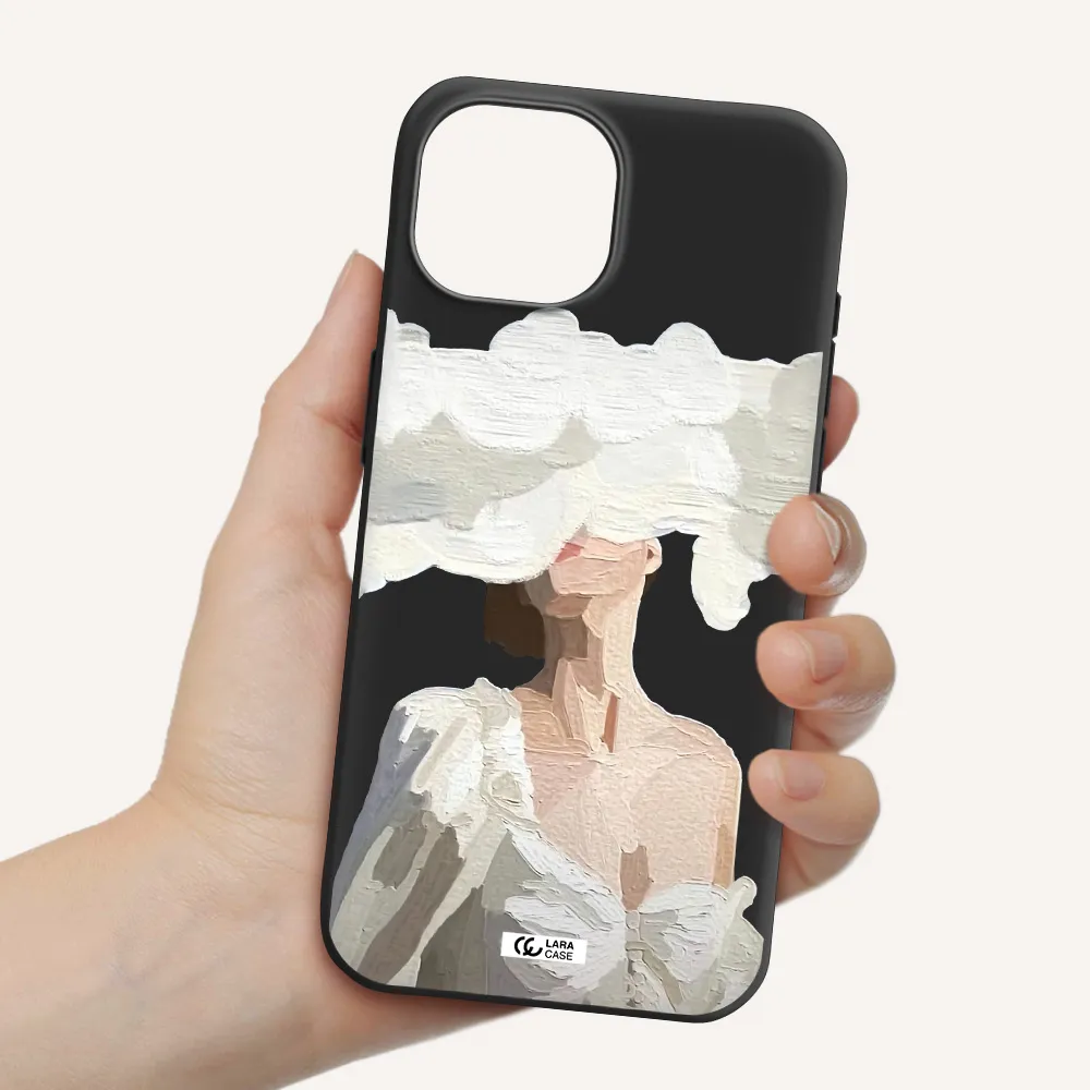 a woman with a cloud covering her face Apple iPhone 15 Silicone black Case