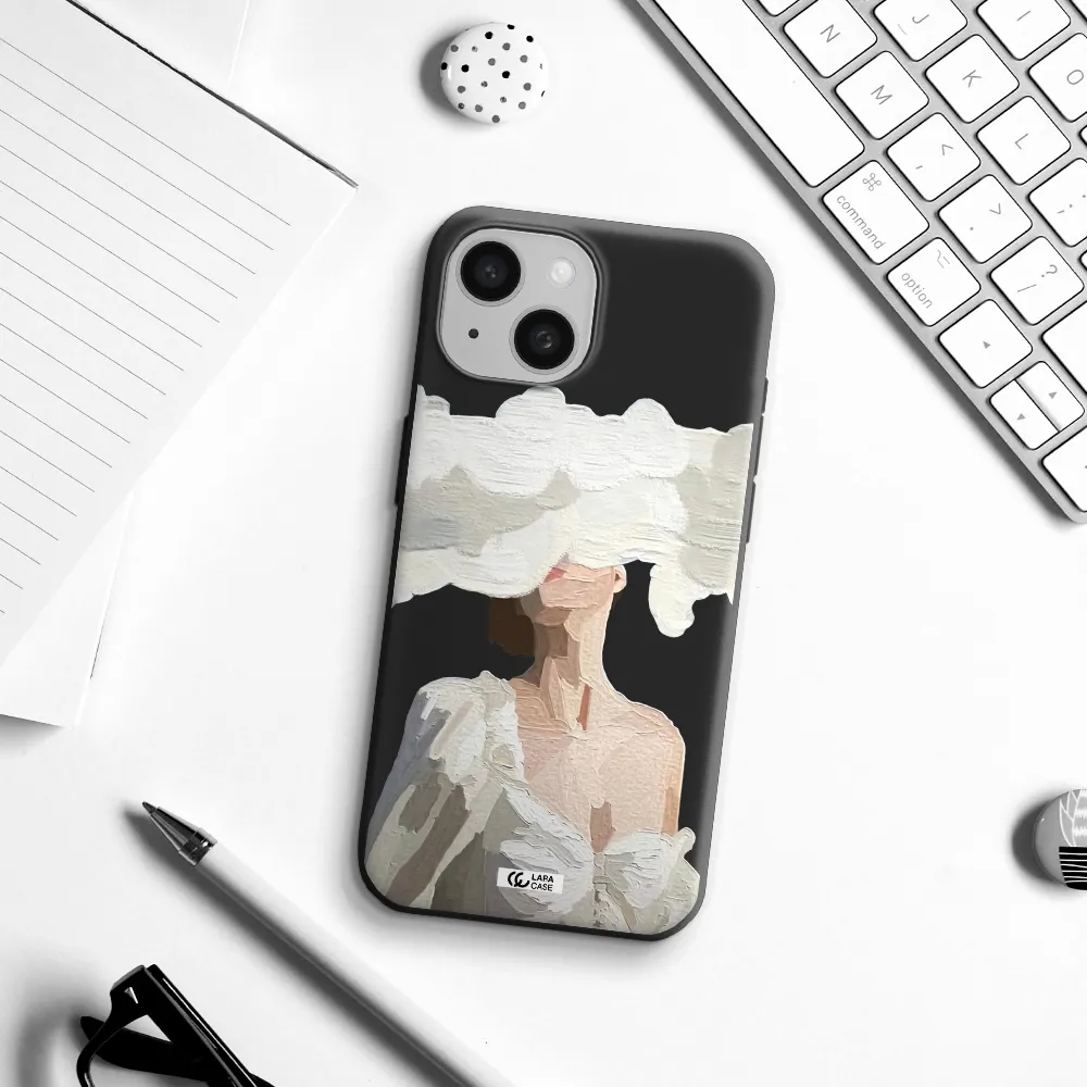 a woman with a cloud covering her face Apple iPhone 15 Silicone black Case