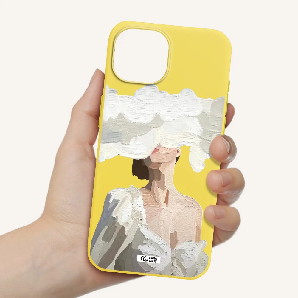 a woman with a cloud covering her face Apple iPhone 15 Silicone canary yellow Case