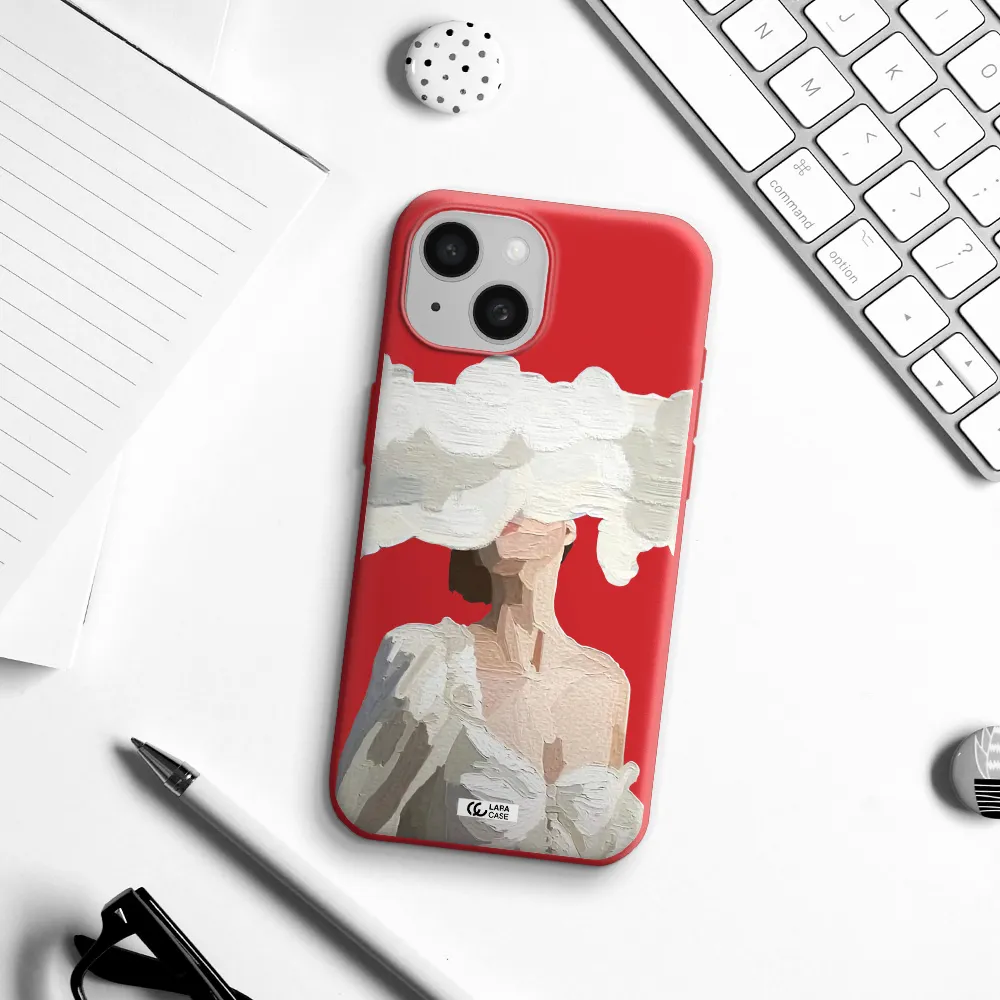 A Woman With A Cloud Covering Her Face Apple Iphone 15 Silicone Imperial Red Case