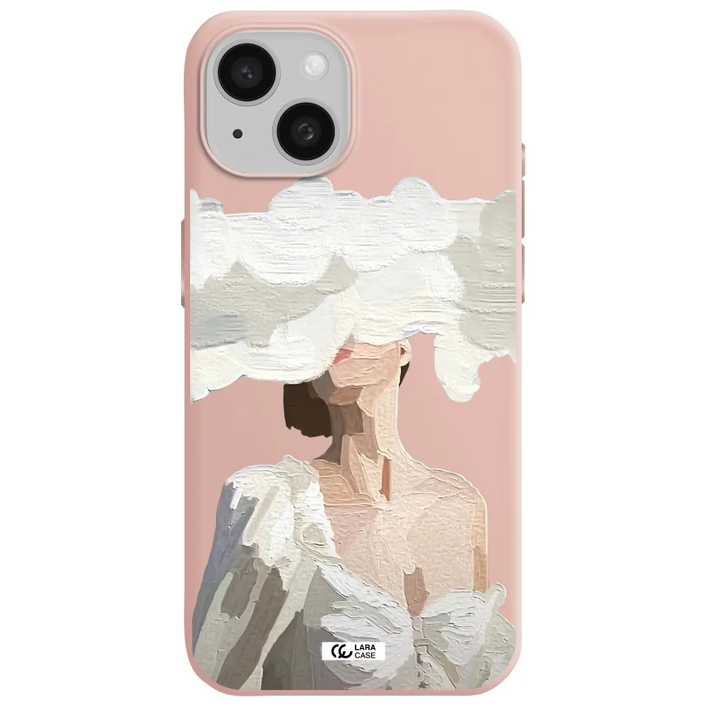 A Woman With A Cloud Covering Her Face Apple Iphone 15 Silicone Pastel Pink Case