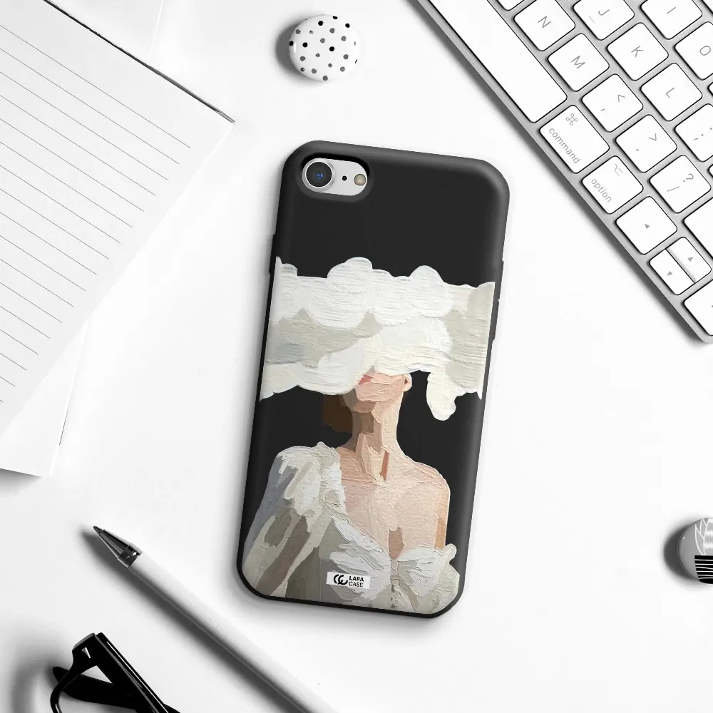 a woman with a cloud covering her face Apple iPhone 8 Silicone black Case