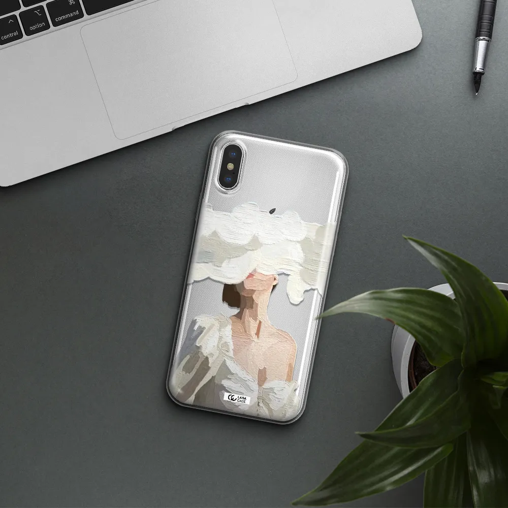 a woman with a cloud covering her face Apple iPhone XS Clear TPU Case