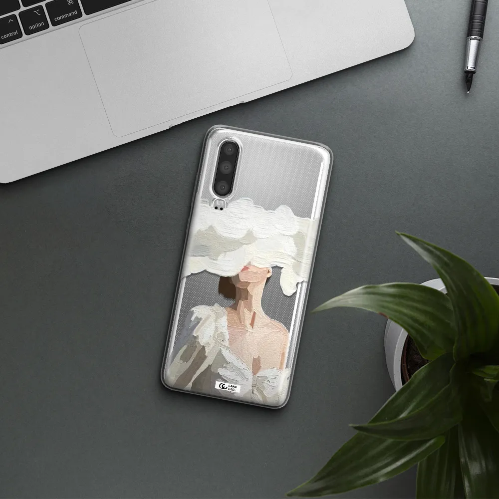 a woman with a cloud covering her face Huawei P30 Clear TPU Case