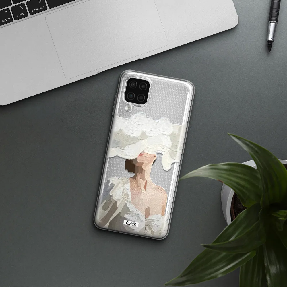 a woman with a cloud covering her face Samsung A12 4g Clear TPU Case