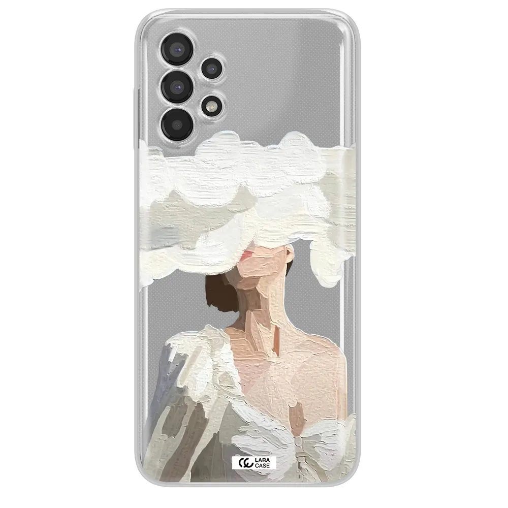 a woman with a cloud covering her face Samsung A13 Clear TPU Case