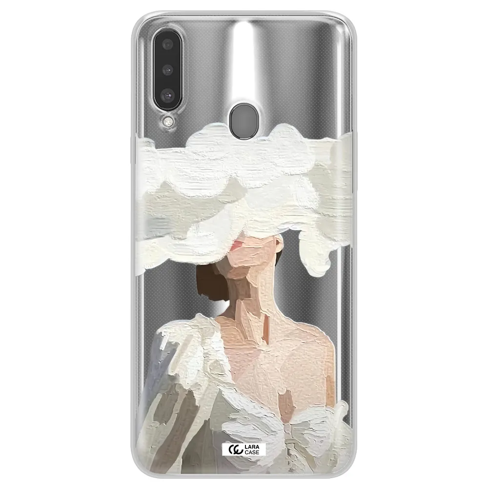 a woman with a cloud covering her face Samsung A20S Clear TPU Case