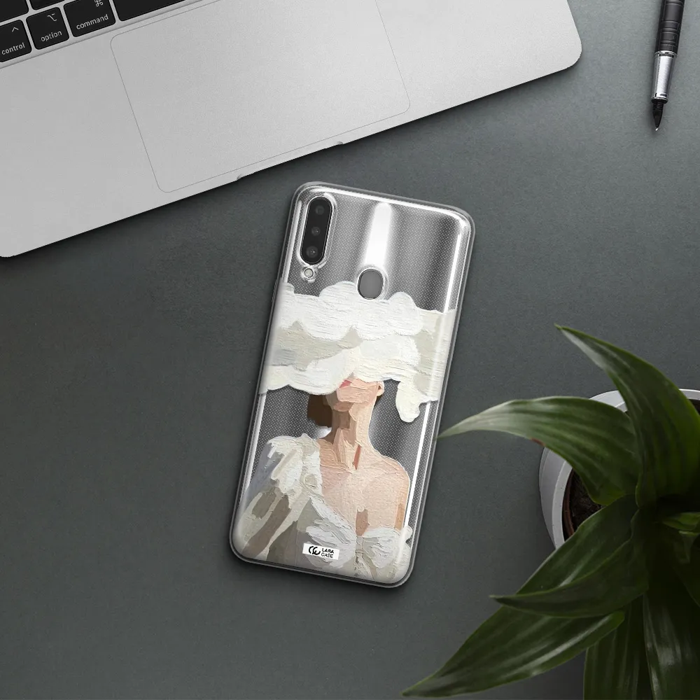 a woman with a cloud covering her face Samsung A20S Clear TPU Case