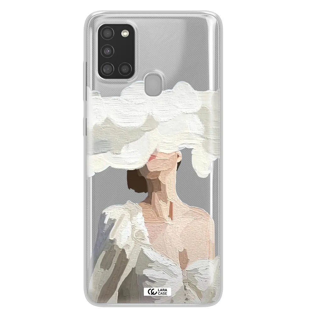 a woman with a cloud covering her face Samsung A21S Clear TPU Case