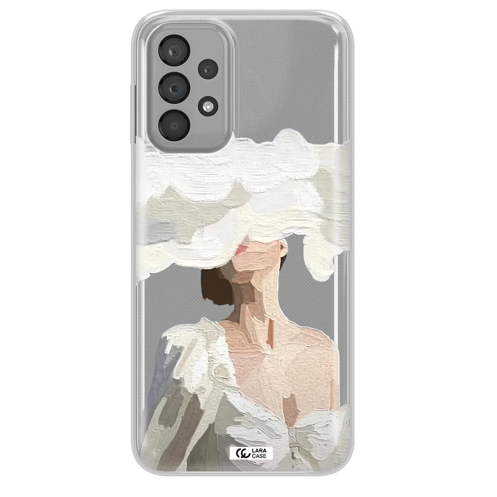 a woman with a cloud covering her face Samsung A23 Clear TPU Case