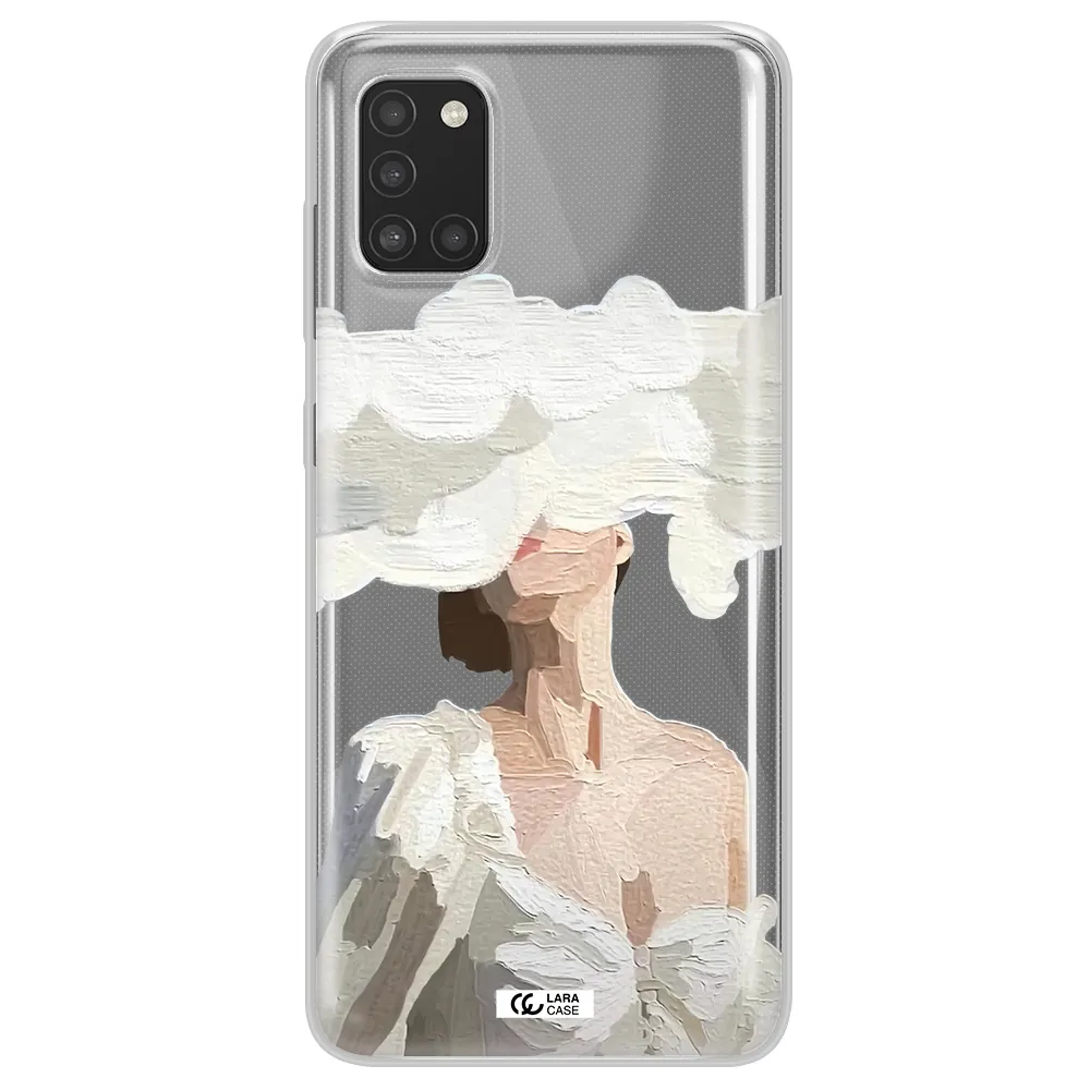 a woman with a cloud covering her face Samsung A31 Clear TPU Case