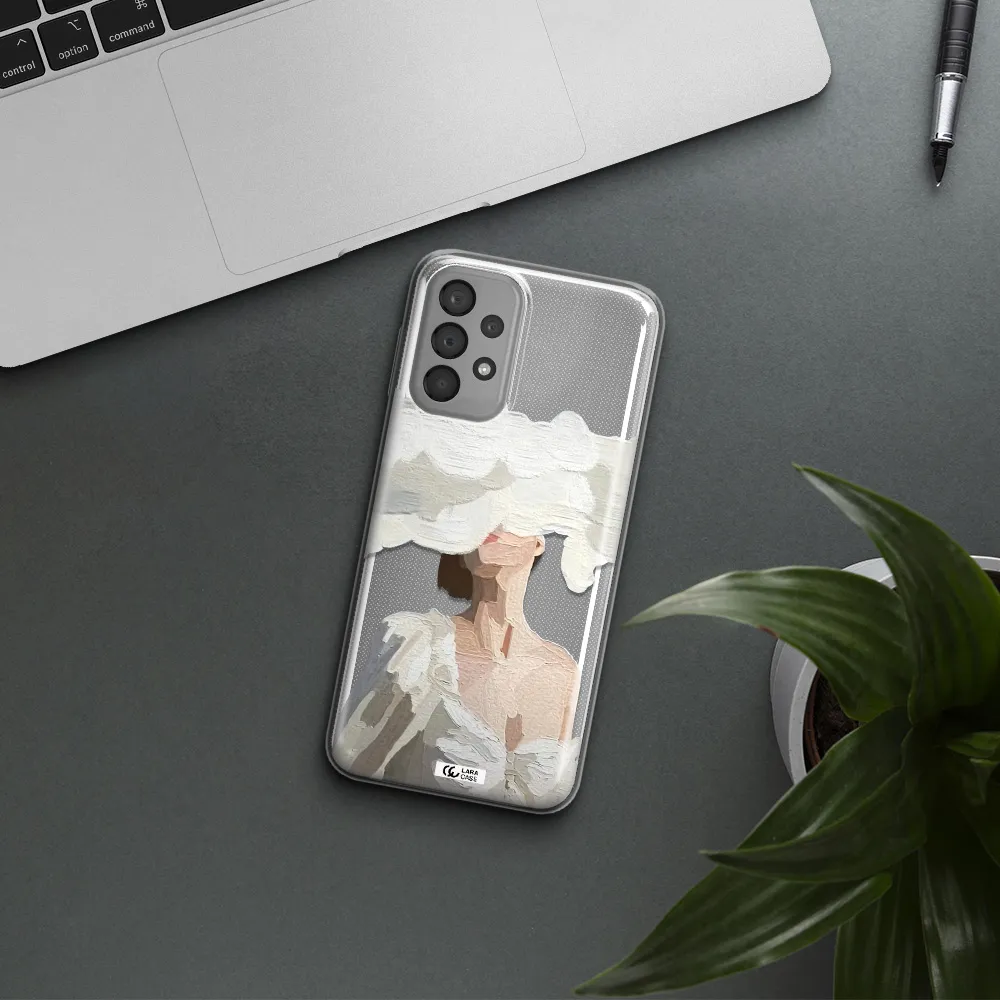 a woman with a cloud covering her face Samsung A33 Clear TPU Case