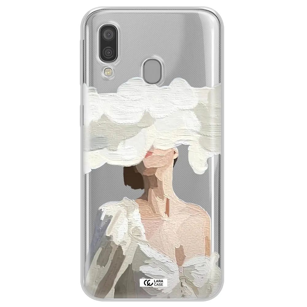 a woman with a cloud covering her face Samsung A40 Clear TPU Case