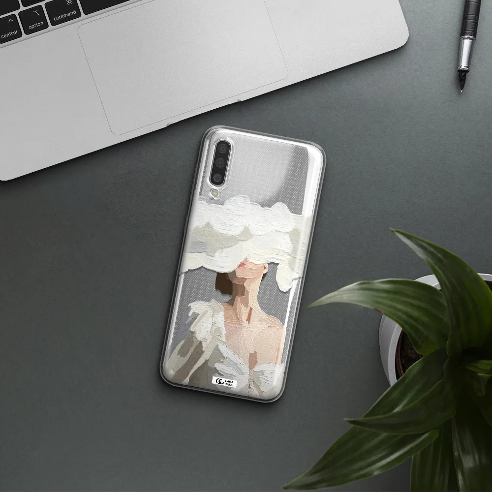 a woman with a cloud covering her face Samsung A50 Clear TPU Case