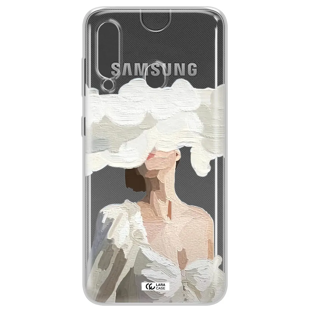 a woman with a cloud covering her face Samsung A60 Clear TPU Case