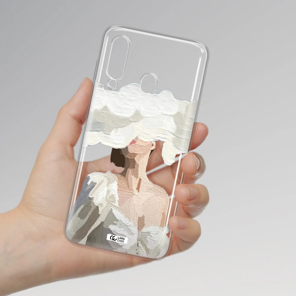 a woman with a cloud covering her face Samsung A60 Clear TPU Case