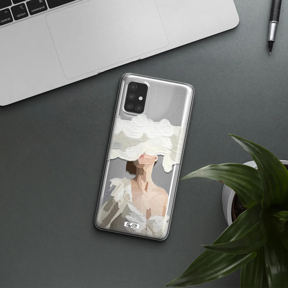 a woman with a cloud covering her face Samsung A71 Clear TPU Case