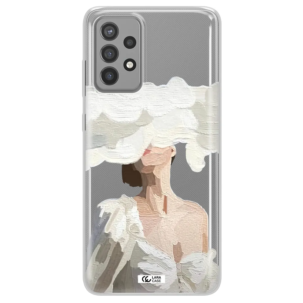 a woman with a cloud covering her face Samsung A72 Clear TPU Case