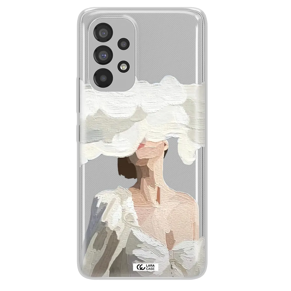 a woman with a cloud covering her face Samsung A73 Clear TPU Case