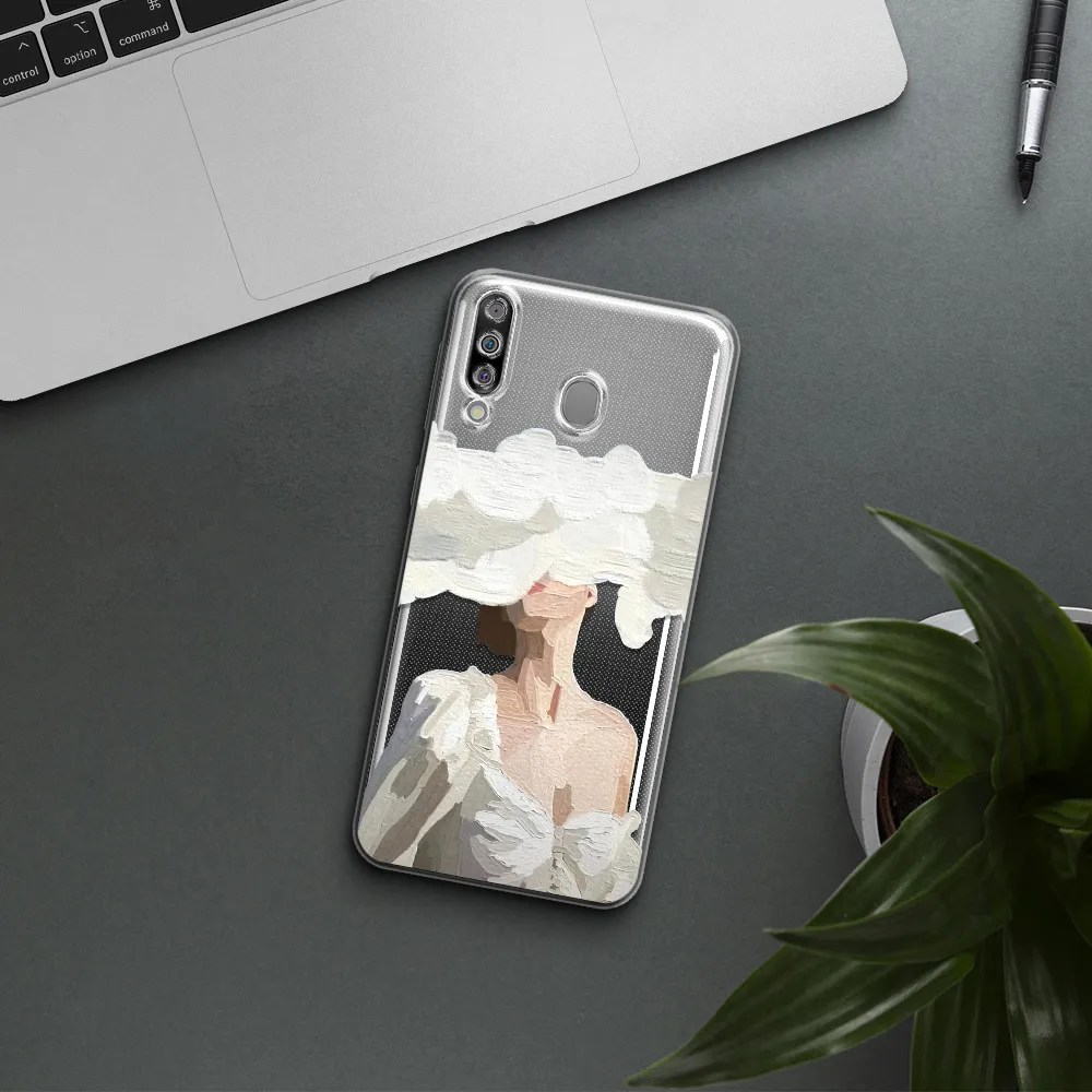 a woman with a cloud covering her face Samsung M30 Clear TPU Case