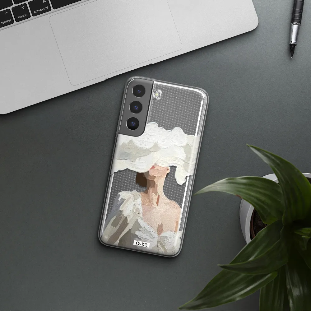 a woman with a cloud covering her face Samsung S 22 Clear TPU Case