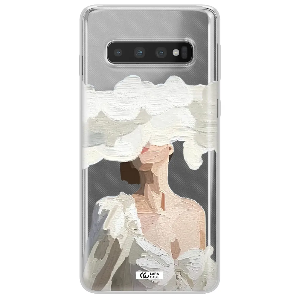 a woman with a cloud covering her face Samsung S10 Clear TPU Case