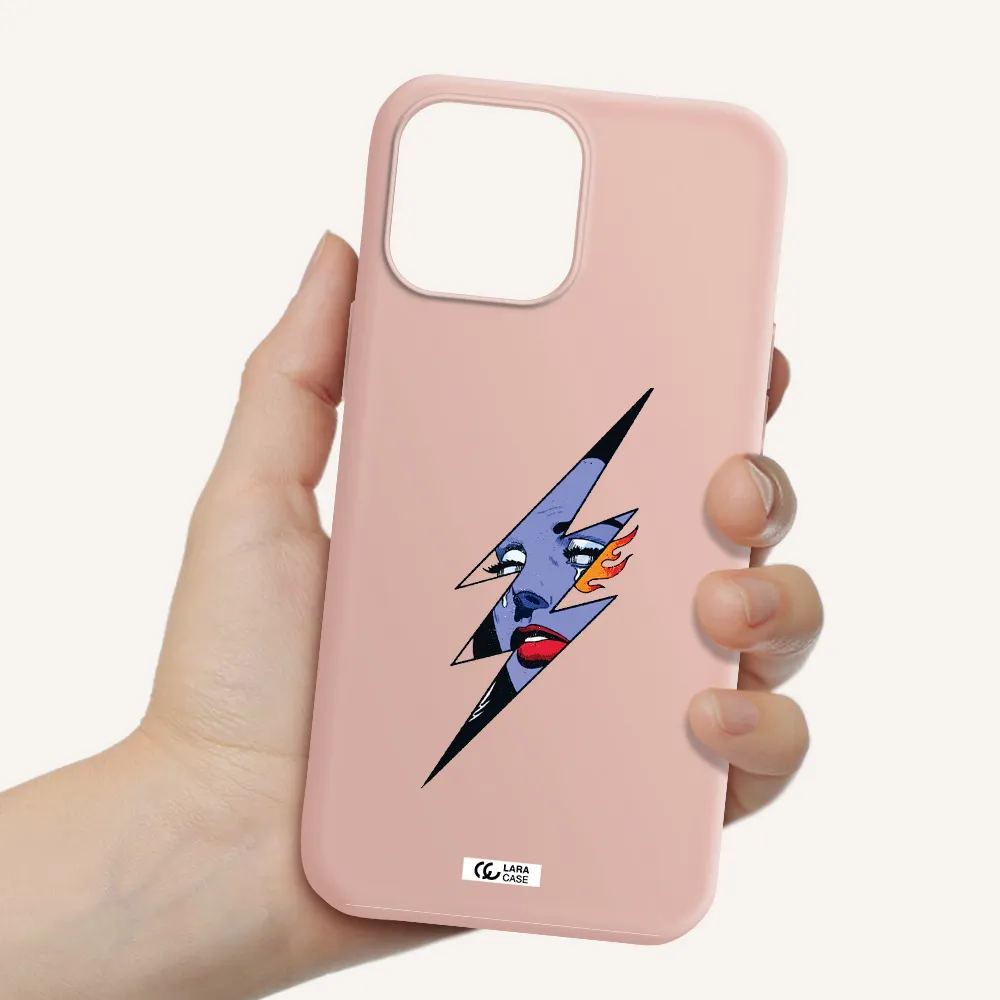 a lightning bolt with a woman's face Apple iPhone 13 Pro Max Silicone pastel pink Case