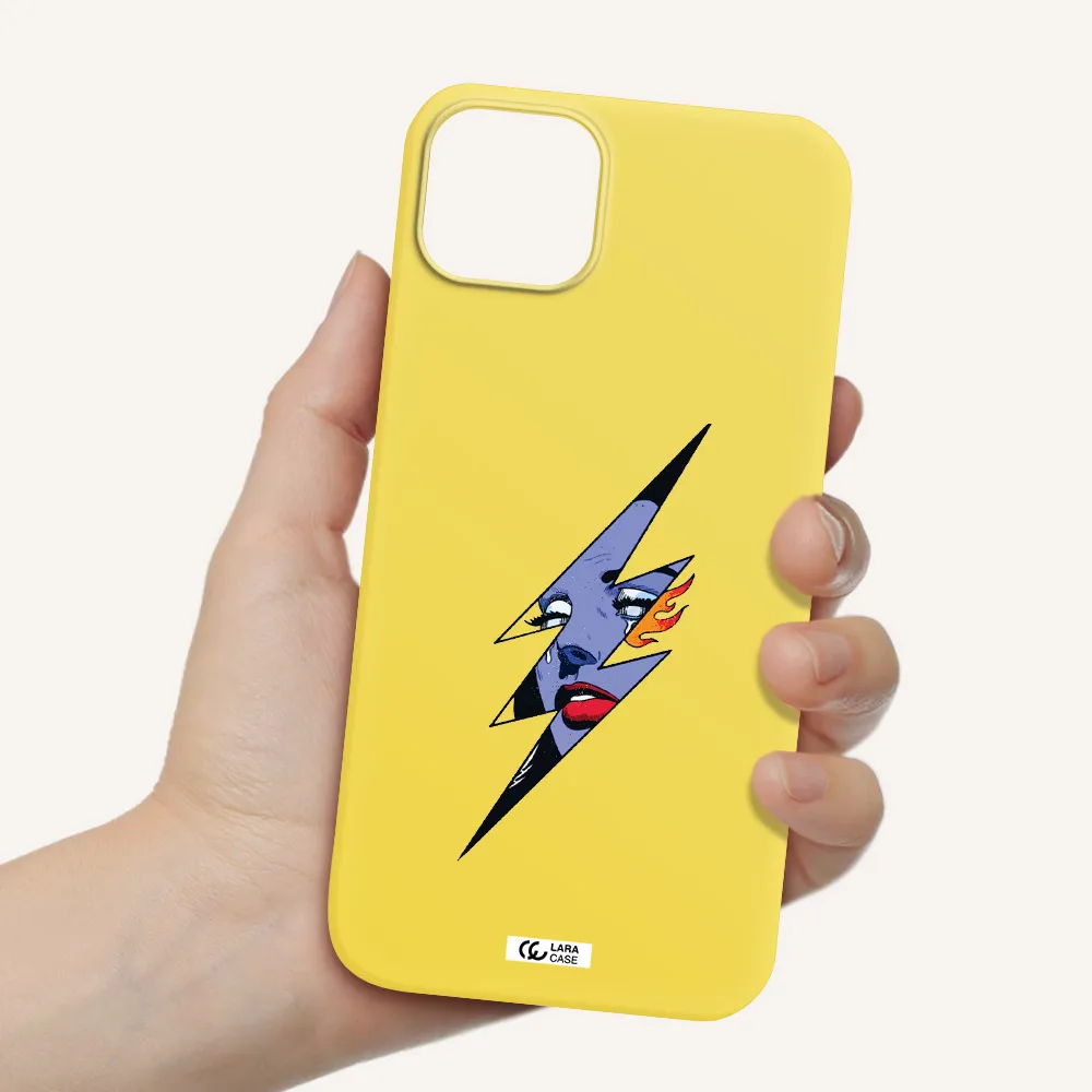 a lightning bolt with a woman's face Apple iPhone 14 plus Silicone canary yellow Case