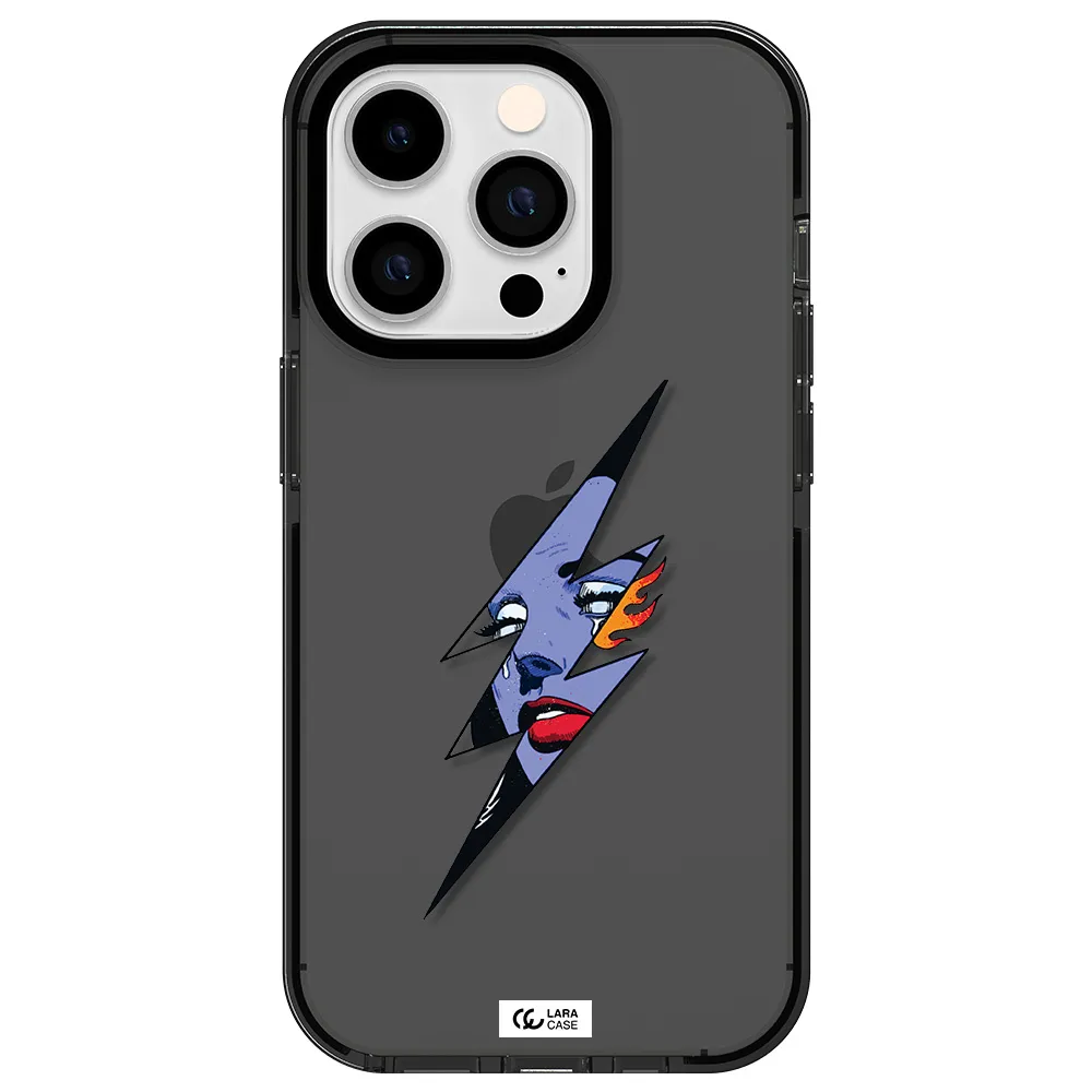 a lightning bolt with a woman's face Apple iPhone 14 pro impact Smoke Black Case