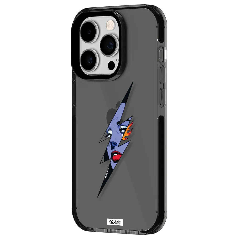 a lightning bolt with a woman's face Apple iPhone 14 pro impact Smoke Black Case