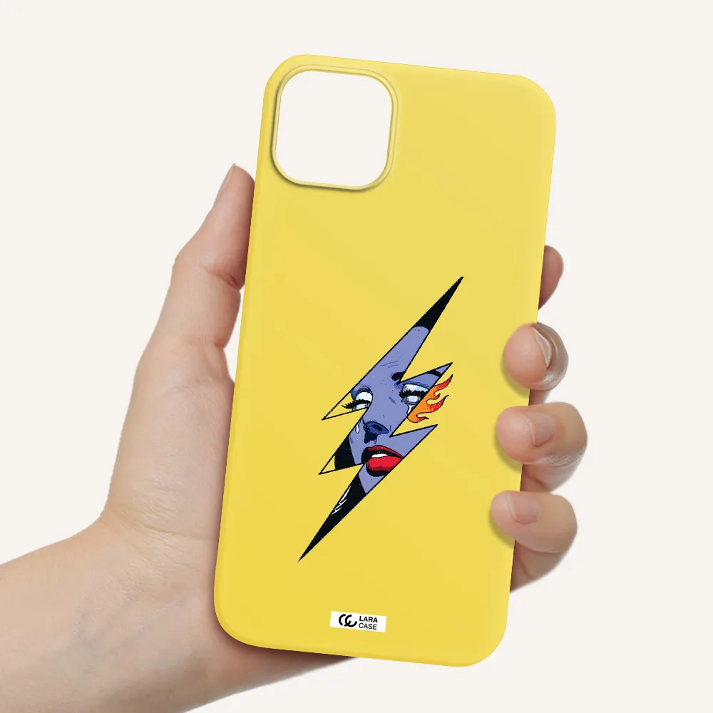 a lightning bolt with a woman's face Apple iPhone 14 Silicone canary yellow Case