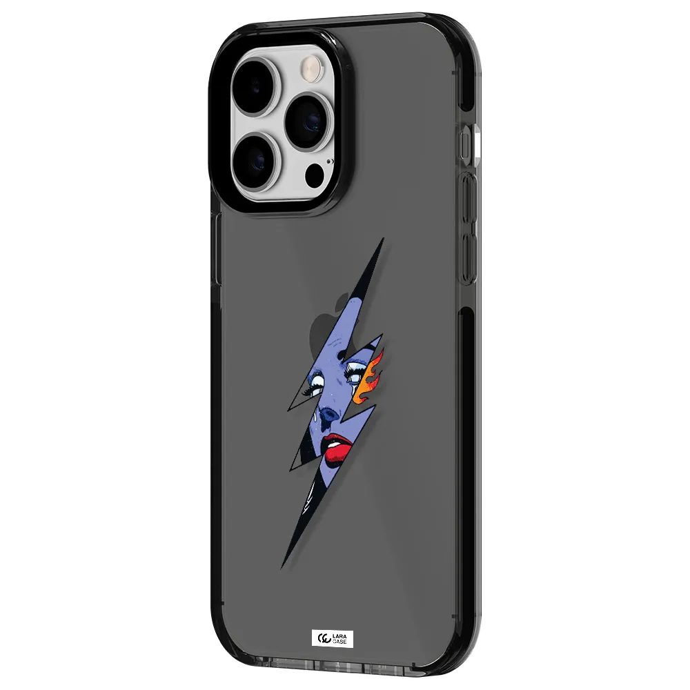 a lightning bolt with a woman's face Apple iPhone 15 Pro impact Smoke Black Case