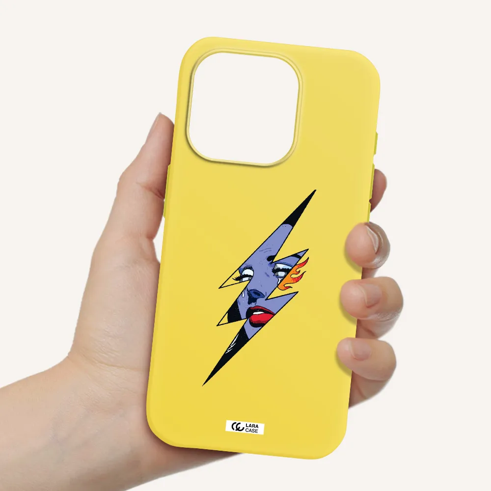 A Lightning Bolt With A Woman's Face Apple Iphone 15 Pro Silicone Canary Yellow Case
