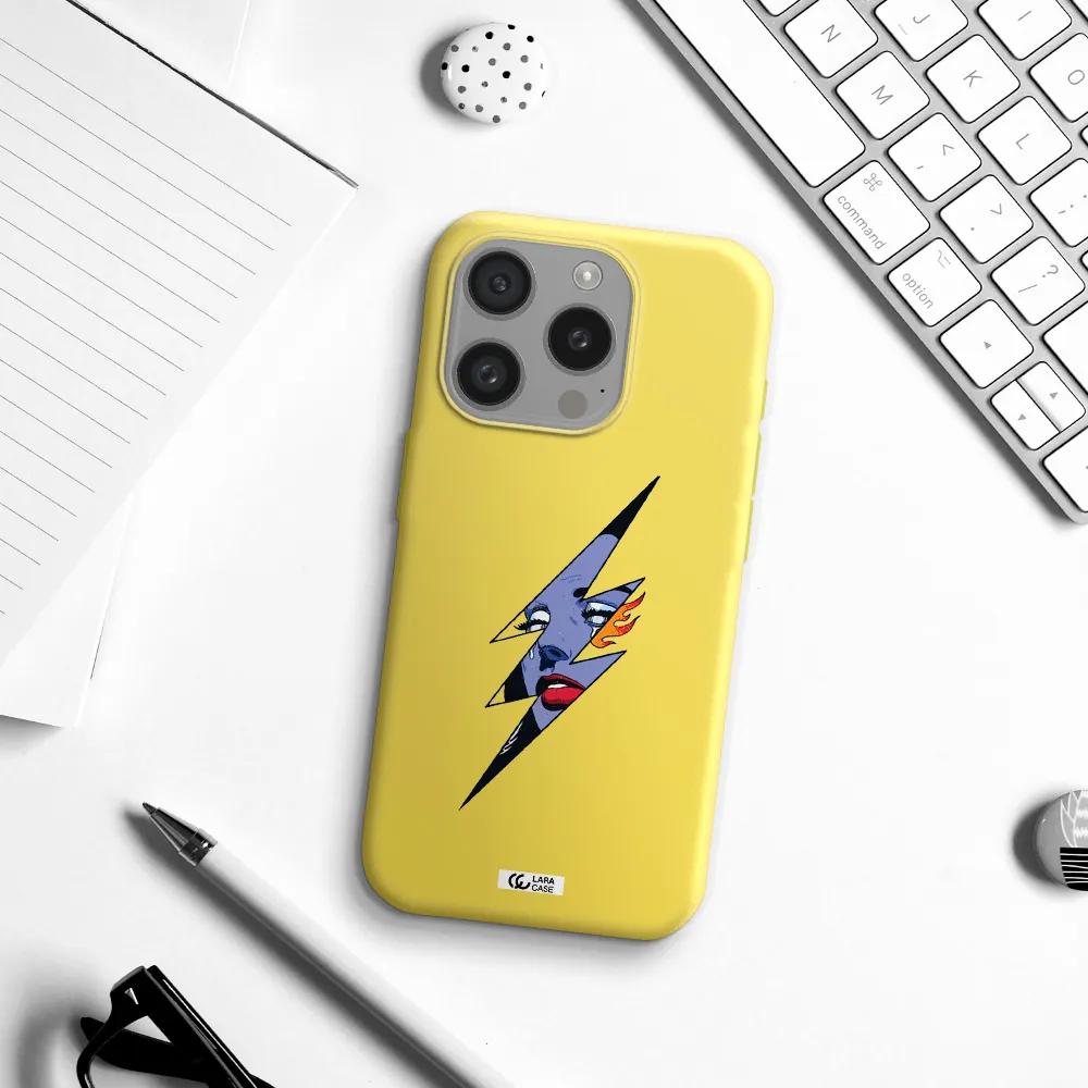 A Lightning Bolt With A Woman's Face Apple Iphone 15 Pro Silicone Canary Yellow Case