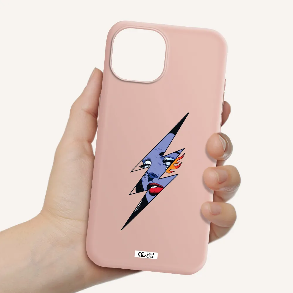 A Lightning Bolt With A Woman's Face Apple Iphone 15 Silicone Pastel Pink Case