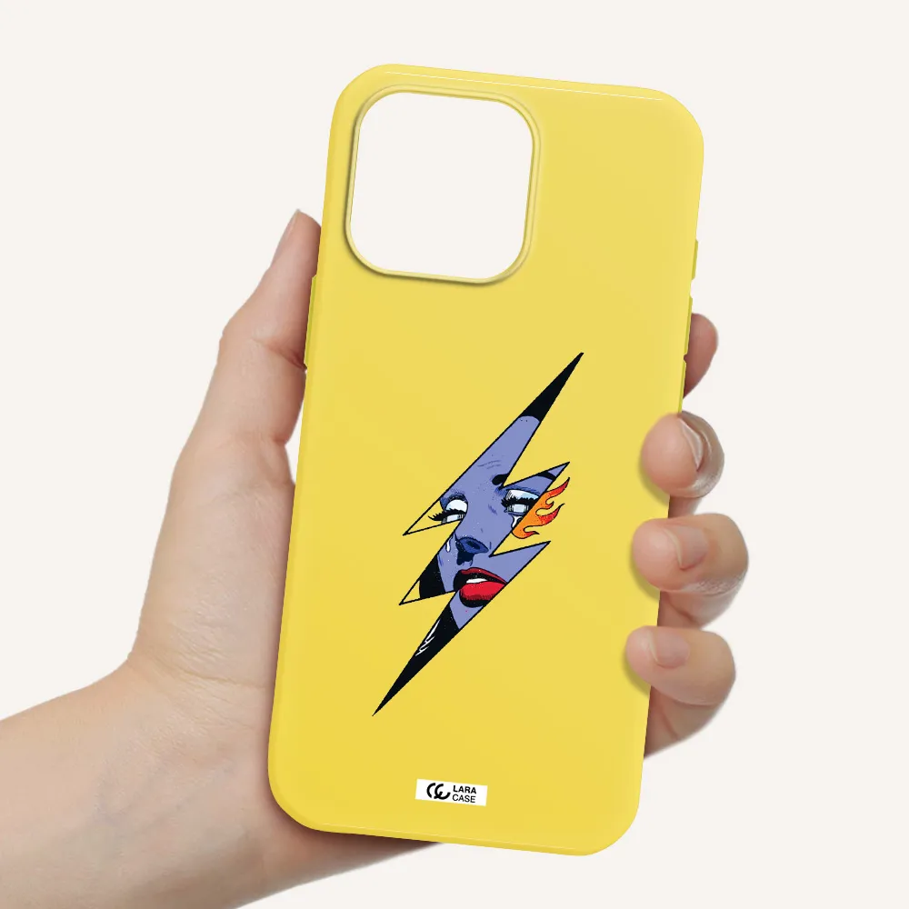 A Lightning Bolt With A Woman's Face Apple Iphone 16 Pro Max Silicone Canary Yellow Case