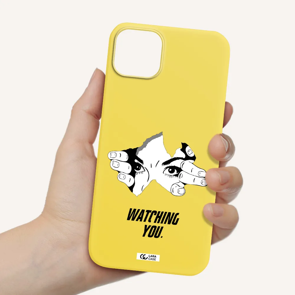 a hand with a hole in the wall Apple iPhone 14 Silicone canary yellow Case