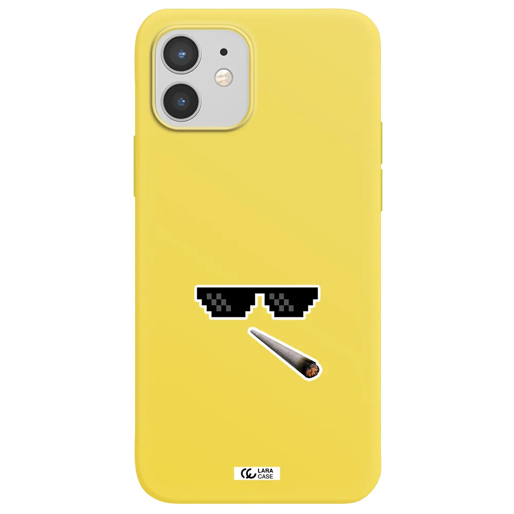 a cigarette and sunglasses Apple iPhone 12 Silicone canary yellow Case