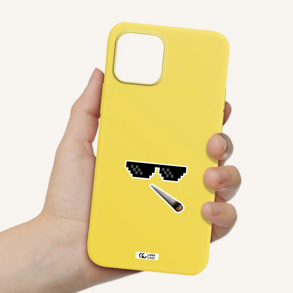a cigarette and sunglasses Apple iPhone 12 Silicone canary yellow Case