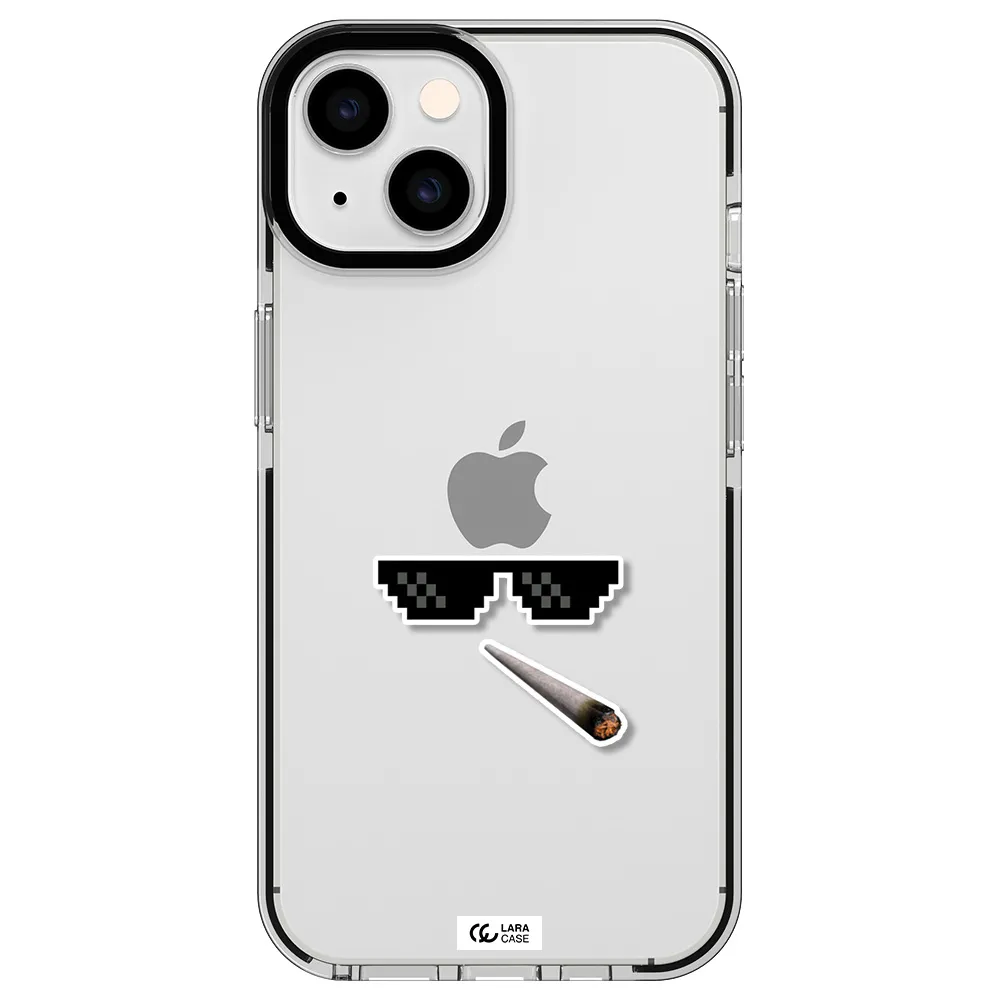 a cigarette and sunglasses Apple iPhone 14 impact black border Case