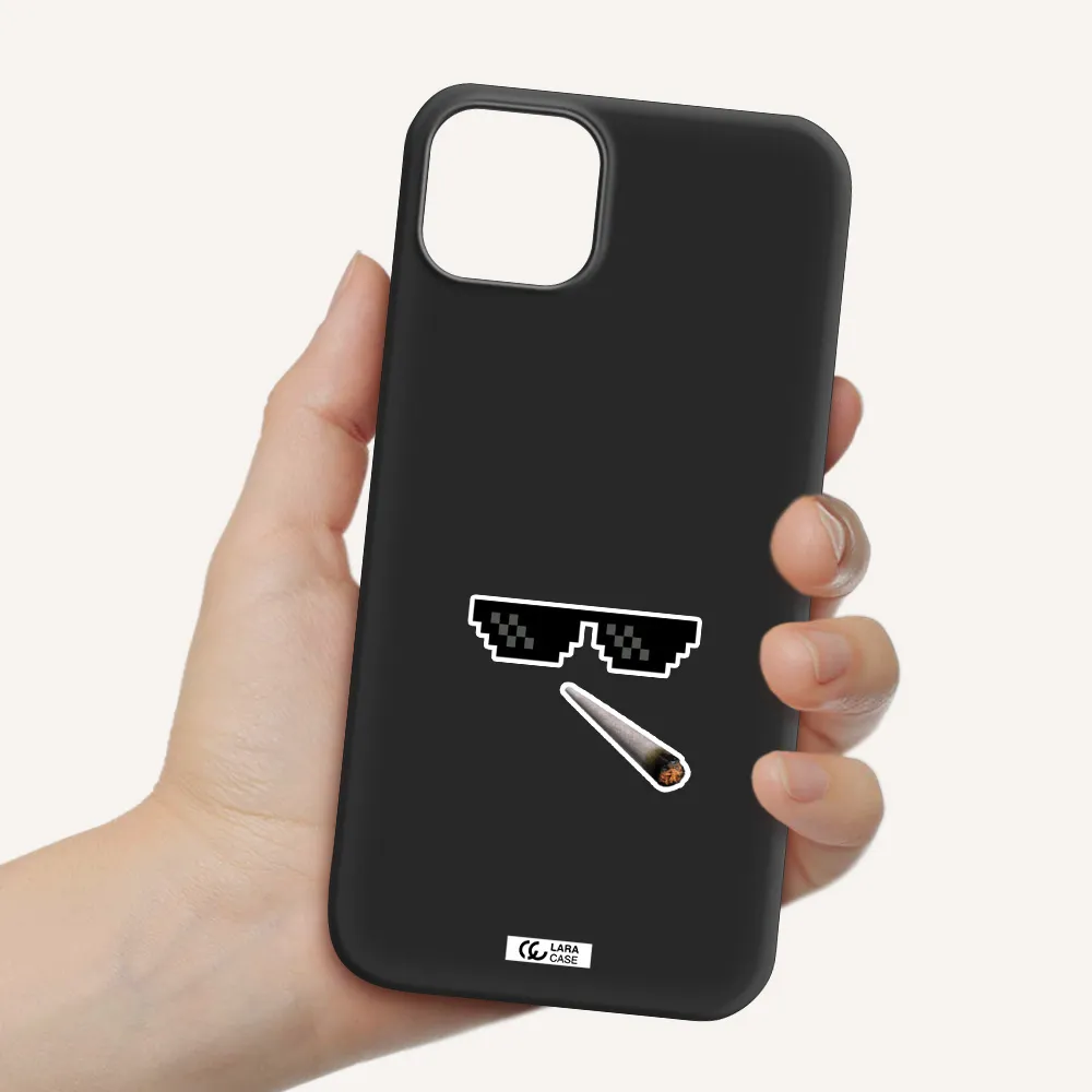 a cigarette and sunglasses Apple iPhone 14 plus Silicone black Case