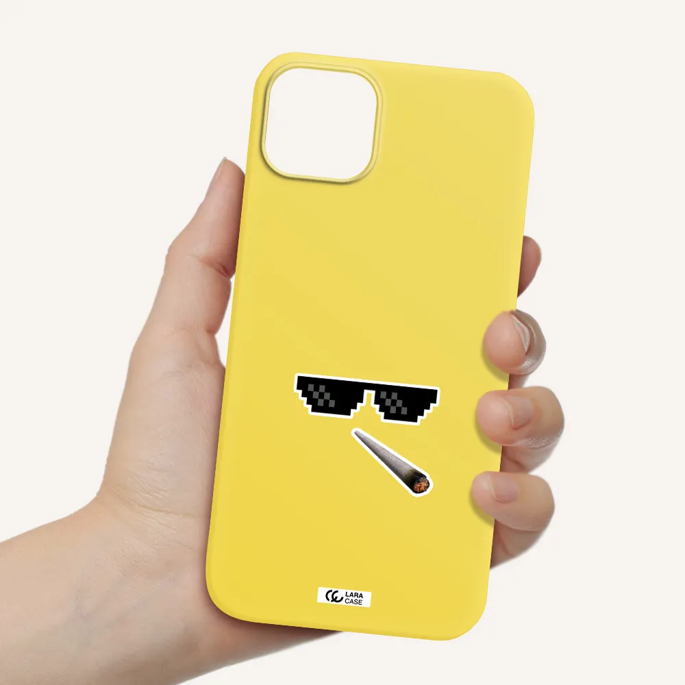 a cigarette and sunglasses Apple iPhone 14 plus Silicone canary yellow Case