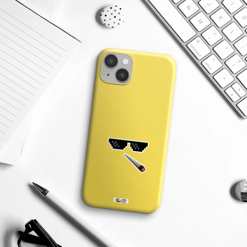 a cigarette and sunglasses Apple iPhone 14 plus Silicone canary yellow Case